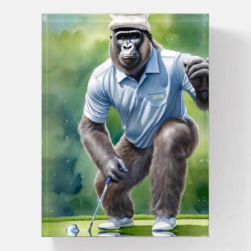 Funny Gorilla in Tan Hat Blue Shirt Playing Golf Paperweight
