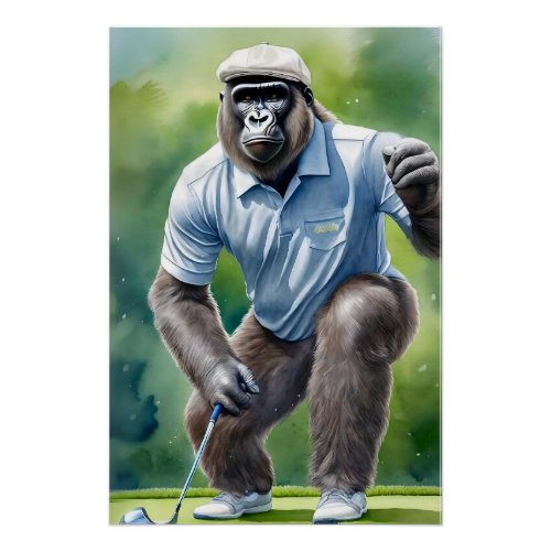 Funny Gorilla in Tan Hat Blue Shirt Playing Golf Poster