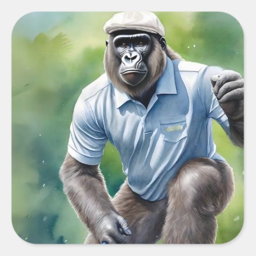 Funny Gorilla in Tan Hat Blue Shirt Playing Golf Square Sticker