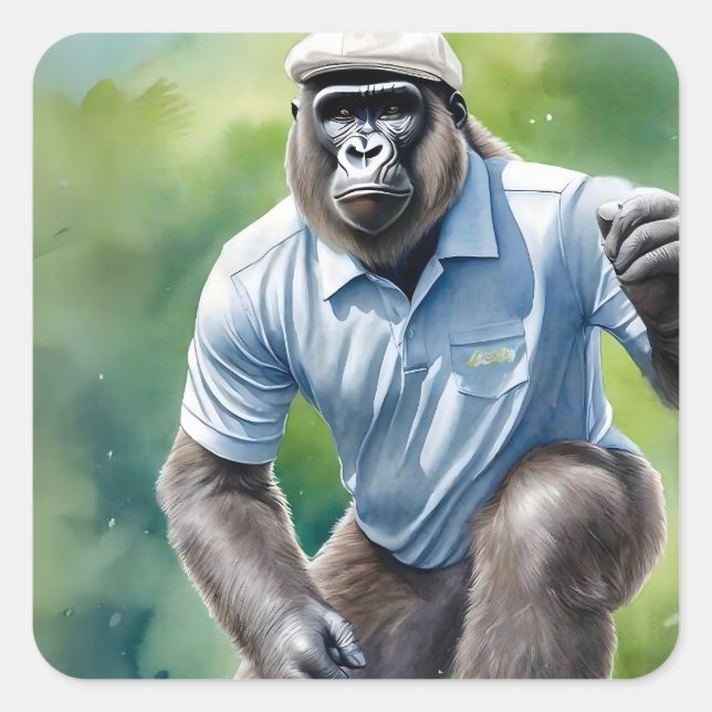 Funny Gorilla in Tan Hat Blue Shirt Playing Golf Square Sticker (Front)