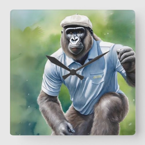Funny Gorilla in Tan Hat Blue Shirt Playing Golf Square Wall Clock