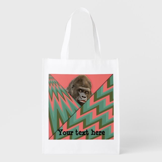 Funny Gorilla Pink Green Chevron Reusable Grocery Bag (Front)