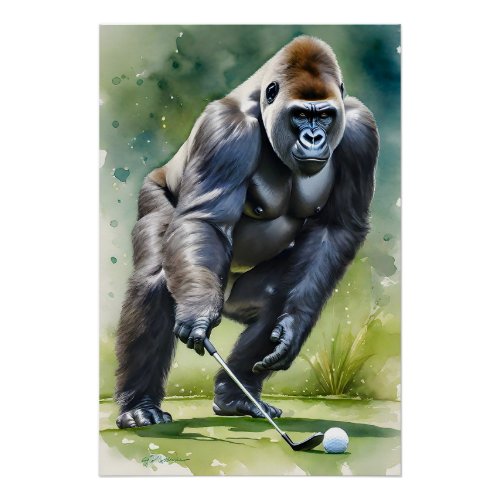 Funny Gorilla Playing Golf  Poster