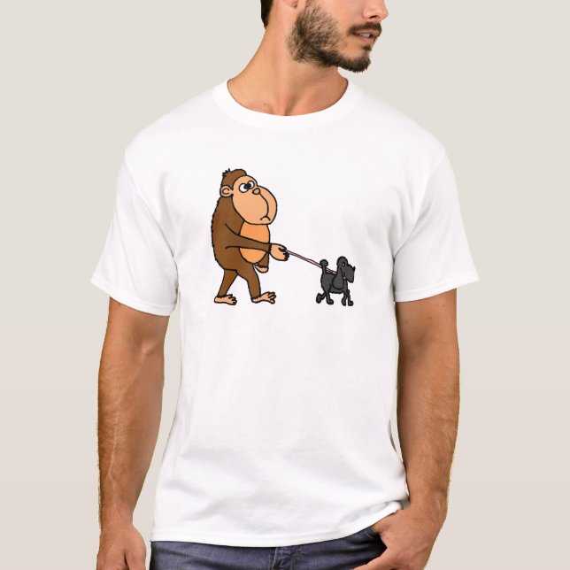 Funny Gorilla Walking Black Poodle Dog T-Shirt (Front)