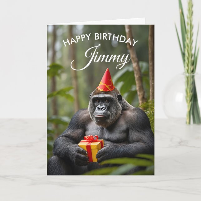 Funny Gorilla with Gift in Jungle Birthday Card (Front)