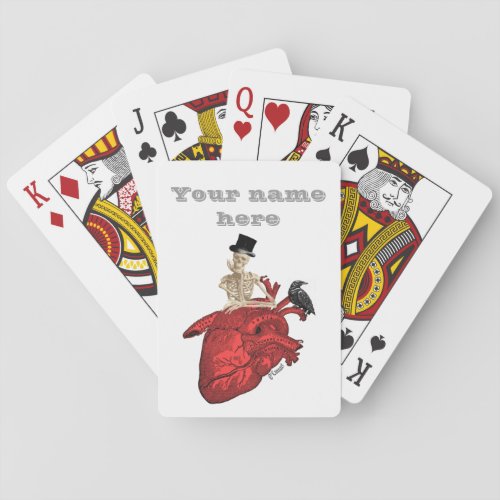 Funny gothic humor and red intage heart playing cards