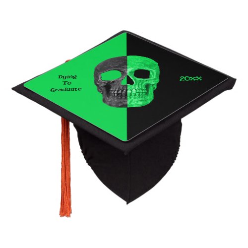 Funny Gothic Neon Green Black Half Skull Heads Graduation Cap Topper