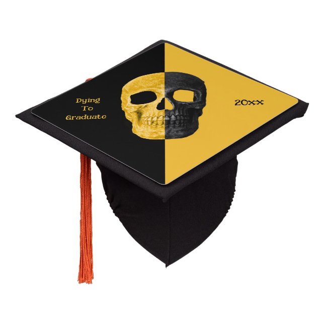 Funny Gothic Yellow Black Half Skull Heads Graduation Cap Topper (Angled)