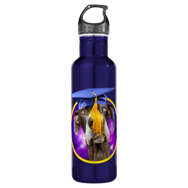 Funny Graduation Dog Wearing Hat Stainless Steel Water Bottle (Front)