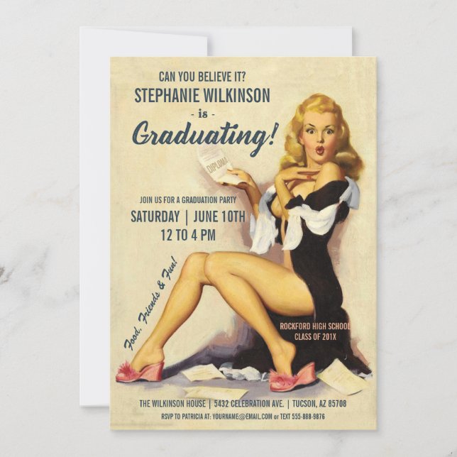Funny Graduation Invitations | Vintage Pin-Up Girl (Front)