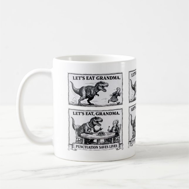 ☕ Funny Grammar Mug – “Let’s Eat, Grandma” (Left)