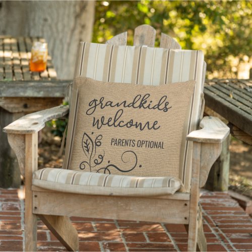 Funny Grandkids Welcome On Faux Jute Textile Outdoor Pillow