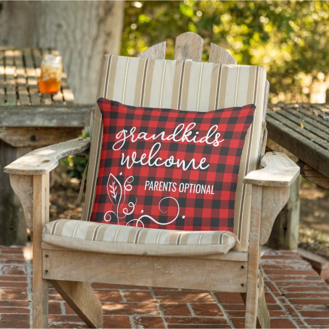Funny Grandkids Welcome On Red Black Plaid Pattern Outdoor Pillow (Chair)