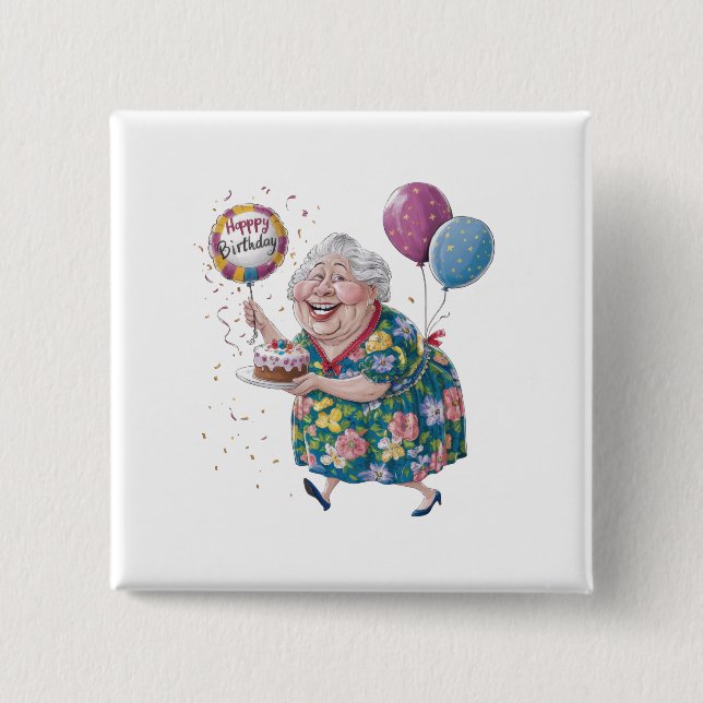 Funny Grandma Bday Cake And Balloon Button (Front)