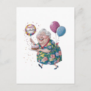 Funny Grandma Bday Cake And Balloon Postcard