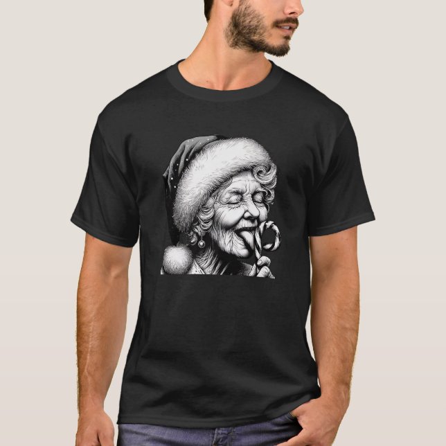 Funny Granny Nana Licking Candy Cane Grandma Chris T-Shirt (Front)
