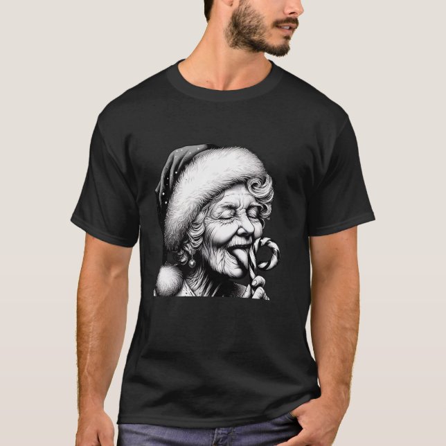 Funny Granny Nana Licking Candy Cane Grandma Chris T-Shirt (Front)