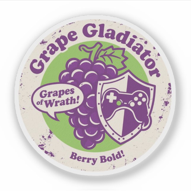 Funny Grape Gladiator Gaming & Food Pun Graphic Sticker (Front)