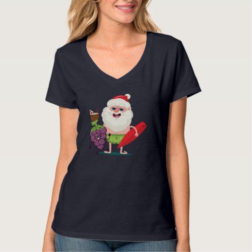Funny Grape Santa Claus With Surf Board Apparel Gr T_Shirt