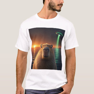 funny graphic capybara selfie with UFO weird  T-Shirt