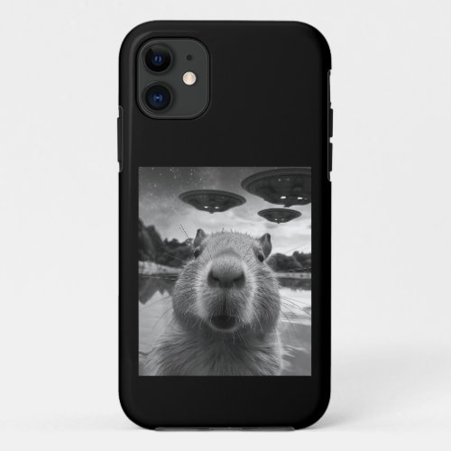 Funny Graphic Capybara Selfie with UFOs Weird iPhone 11 Case