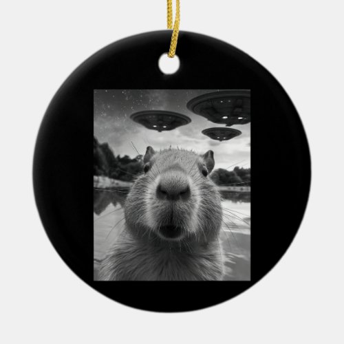 Funny Graphic Capybara Selfie with UFOs Weird Ceramic Ornament