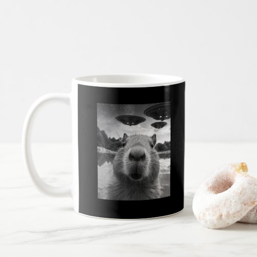 Funny Graphic Capybara Selfie with UFOs Weird Coffee Mug