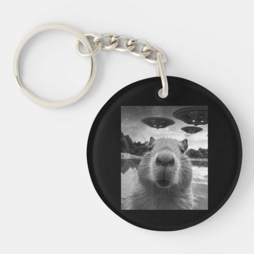 Funny Graphic Capybara Selfie with UFOs Weird Keychain
