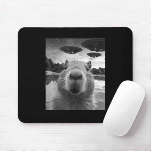 Funny Graphic Capybara Selfie with UFOs Weird Mouse Pad