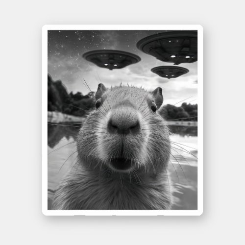 Funny Graphic Capybara Selfie with UFOs Weird Sticker