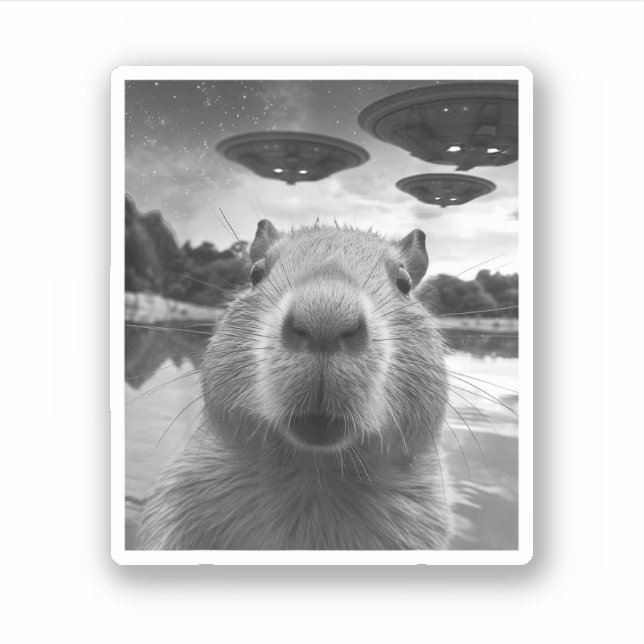 Funny Graphic Capybara Selfie with UFOs Weird Sticker (Front)