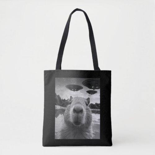 Funny Graphic Capybara Selfie with UFOs Weird Tote Bag