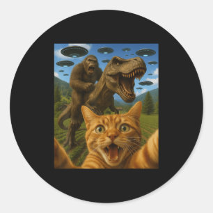 Funny Graphic Cat Selfie With Bigfoot Riding T-rex Classic Round Sticker