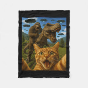 Funny Graphic Cat Selfie With Bigfoot Riding T-rex Fleece Blanket