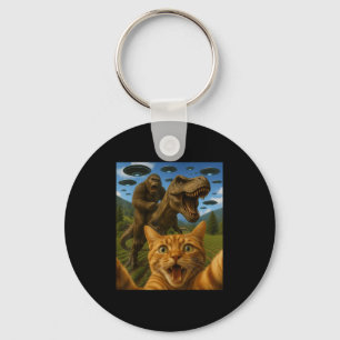 Funny Graphic Cat Selfie With Bigfoot Riding T-rex Keychain