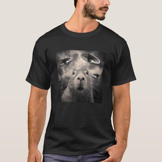 Funny Graphic Tee Capybara Selfie with UFOs Weird  (Front)