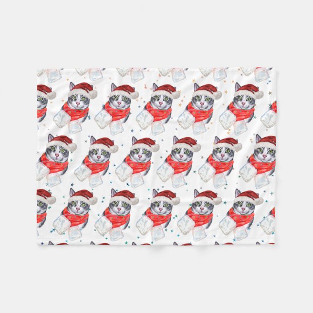 Funny Gray and White Tabby Cat Christmas Fleece Blanket (Front (Horizontal))