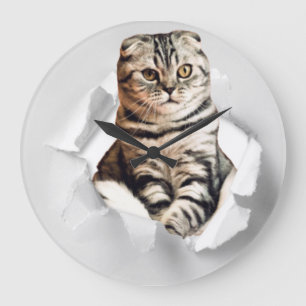 Funny Gray Cat Popping thru Torn Paper Illusion Large Clock