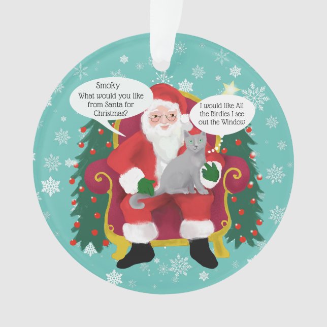 Funny Gray Cat Visits Santa Custom Christmas Ornament (Front)