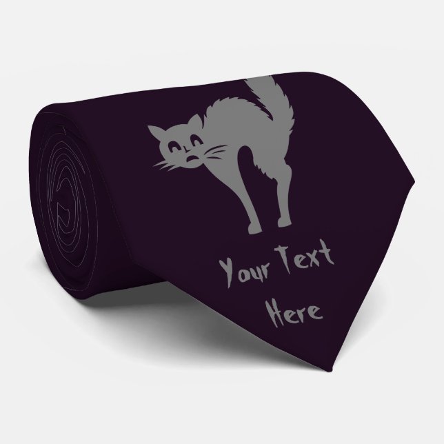 funny gray cat with arched back halloween neck tie (Rolled)