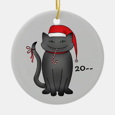 Funny Gray Christmas Kitty Ceramic Ornament