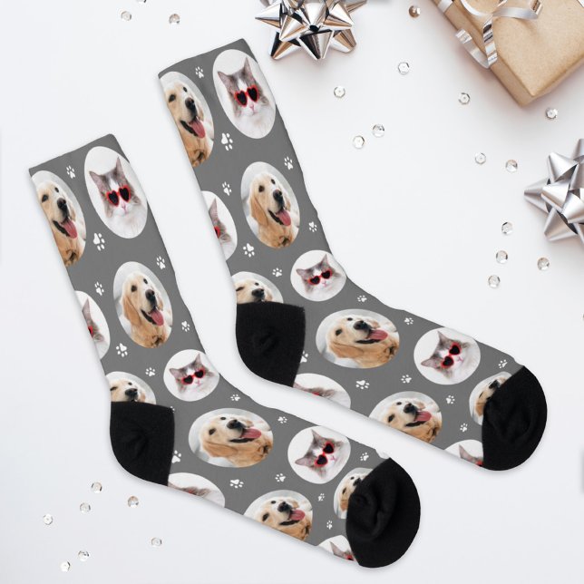 Funny Gray Custom 2 Pet Photo Paw Print Socks (Creator Uploaded)