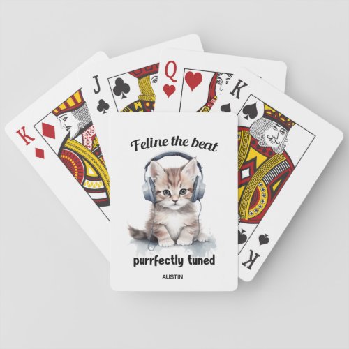 Funny Gray Kitten Headphones Name Playing Cards