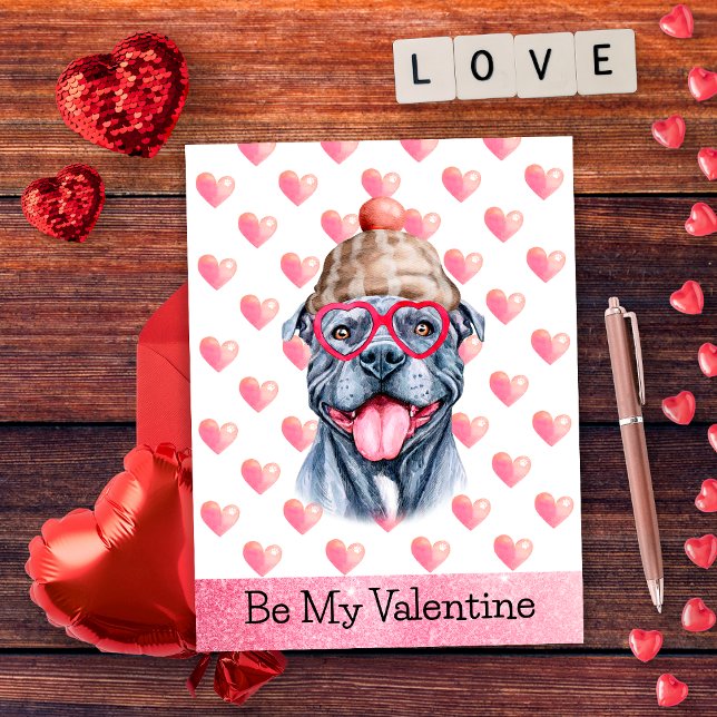 Funny Gray Pitbull Be My Valentine Dog Valentine's Holiday Postcard (Creator Uploaded)