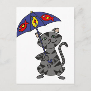 Funny Gray Tabby Cat Holding Umbrella Postcard