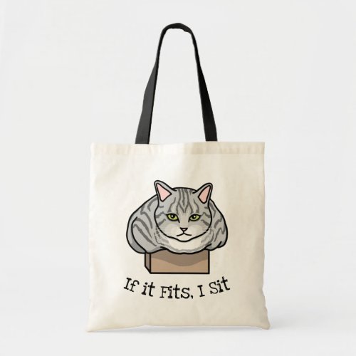 Funny Gray Tabby Cat in Box If it Fits I Sit Tote Bag