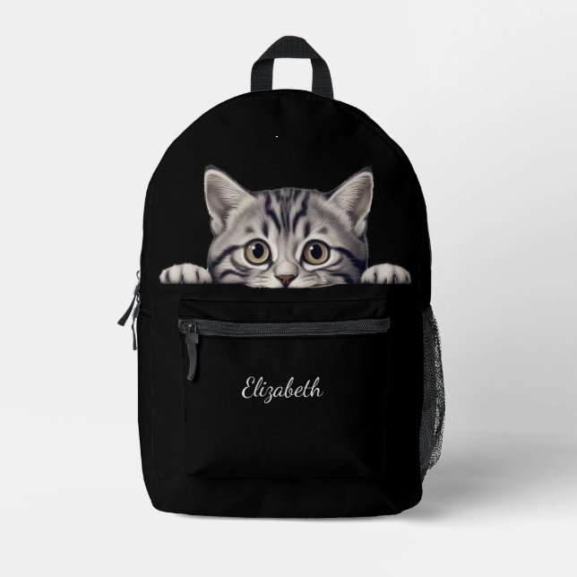 Funny Gray Tabby Cat Peeking Printed Backpack (Front)