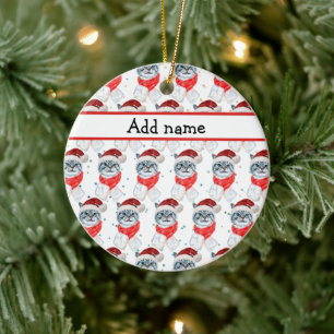 Funny Gray Tabby Cat With Santa Hat Christmas Ceramic Ornament