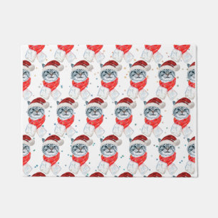 Funny Gray Tabby Cat With Santa Hat Christmas Doormat
