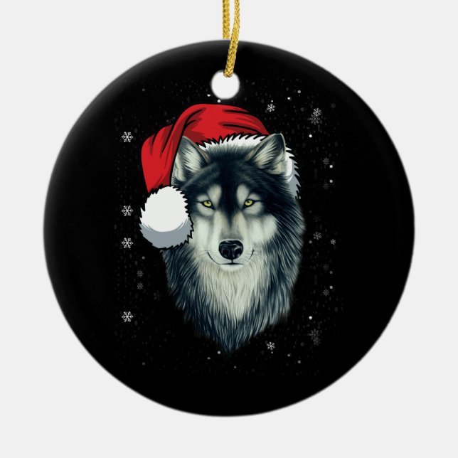 Funny Gray Wolf Christmas Santa Hat Wolves Outfit  Ceramic Ornament (Front)